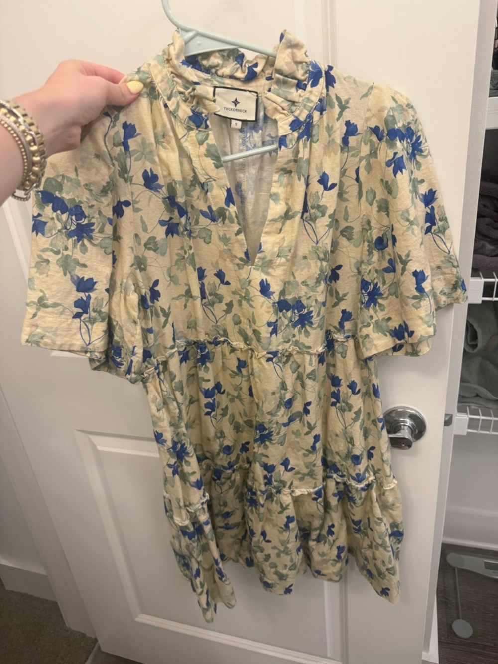 Tuckernuck Cream Floral Ruffle Dress with Blue Accents